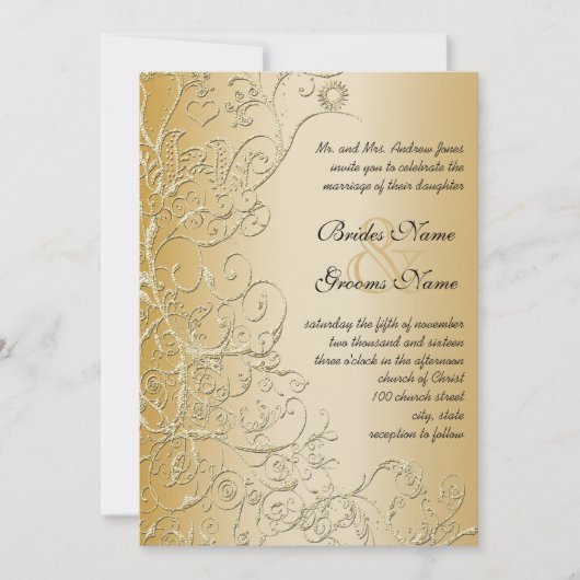 Gold Birds & Swirls Black Font Huwelijksuitnodigin Kaart (Voorkant)