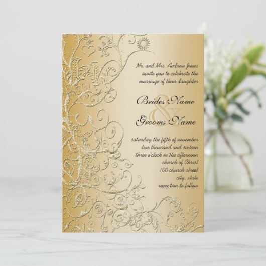 Gold Birds & Swirls Black Font Huwelijksuitnodigin Kaart (Staand voorkant)