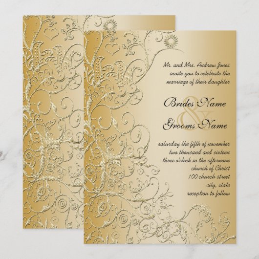 Gold Birds & Swirls Black Font Huwelijksuitnodigin Kaart (Voorkant / Achterkant)
