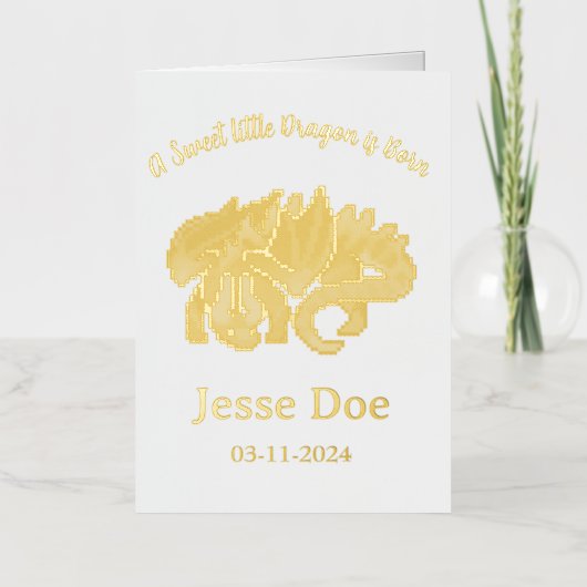 Gold birth card, boy, Dragon, pixel art.  Folie Feestdagenkaart (Voorkant)
