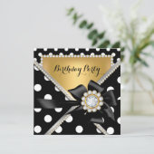 Gold Birthday Party Black White Polka Dots Kaart (Staand voorkant)