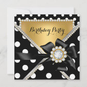 Gold Birthday Party Black White Polka Dots Kaart (Voorkant)