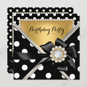 Gold Birthday Party Black White Polka Dots Kaart