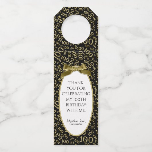 Gold/Black100th Birthday Party Flessenhanger (Voorkant)