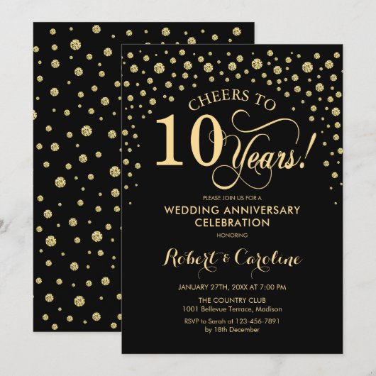 Gold Black 10e Jubileum Uitnodiging (Voorkant / Achterkant)