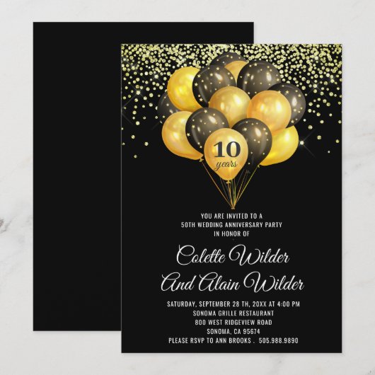 Gold Black 10th Wedding Jubileum Uitnodiging (Voorkant / Achterkant)