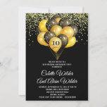 Gold Black 10th Wedding Jubileum Uitnodiging<br><div class="desc">Een elegant feestgoud op de zwarte uitnodiging ter gelegenheid van het tienjarig jubileum, met gouden en zwarte ballonnen en confetti met witte scripttypografie, in tegenstelling tot het klassieke type sans serif. Deze uitnodiging heeft een feestelijke flair met een gedurfd contrast en een moderne stijl. Aanpassen voor elk jaar dat een...</div>