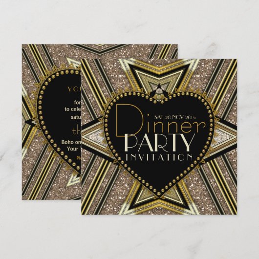 Gold Black 1920 Art Deco Dinner Party-uitnodiginge Kaart (Voorkant / Achterkant)