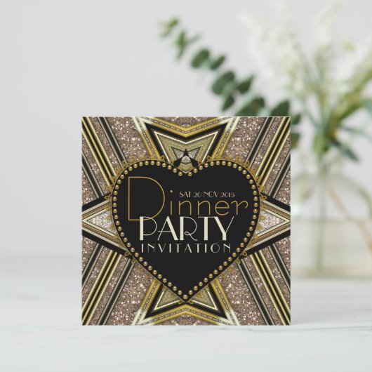 Gold Black 1920 Art Deco Dinner Party-uitnodiginge Kaart (Staand voorkant)