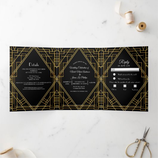 Gold Black 20's Deco Elegant Trifold Wedding Drieluik Uitnodiging (Binnen)