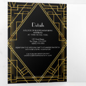 Gold Black 20's Deco Elegant Trifold Wedding Drieluik Uitnodiging (Binnenzijde eerst)