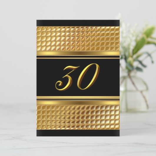 Gold & Black 30th Birthday Party Invitation Kaart (Staand voorkant)