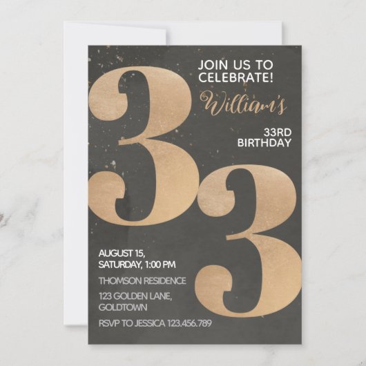 Gold Black 33rd Birthday Invitation Kaart (Voorkant)