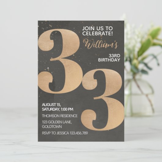 Gold Black 33rd Birthday Invitation Kaart (Staand voorkant)