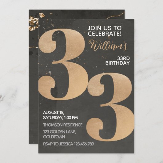 Gold Black 33rd Birthday Invitation Kaart (Voorkant / Achterkant)
