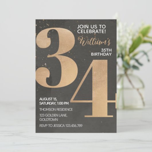 Gold Black 34th Birthday Invitation Kaart (Staand voorkant)