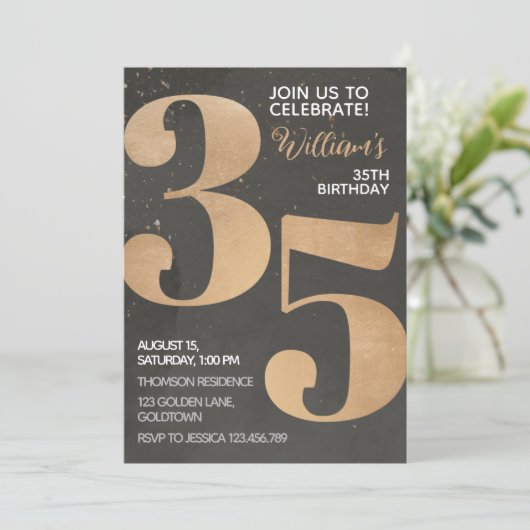 Gold Black 35th Birthday Invitation Kaart (Staand voorkant)