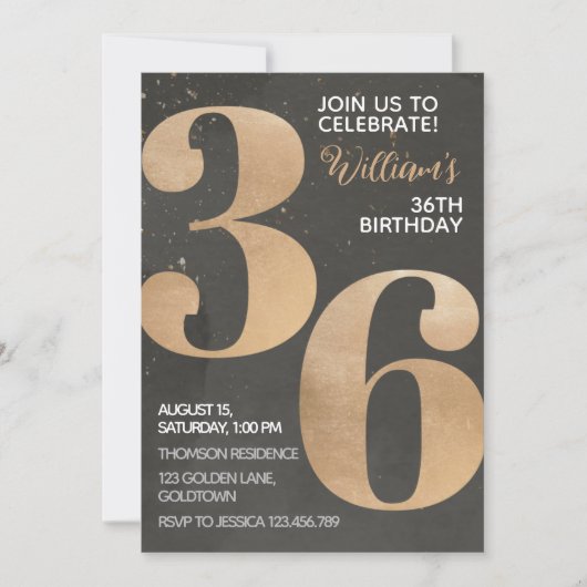 Gold Black 36th Birthday Invitation Kaart (Voorkant)