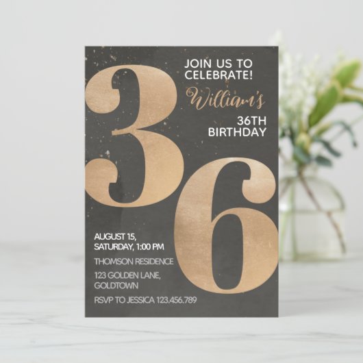 Gold Black 36th Birthday Invitation Kaart (Staand voorkant)