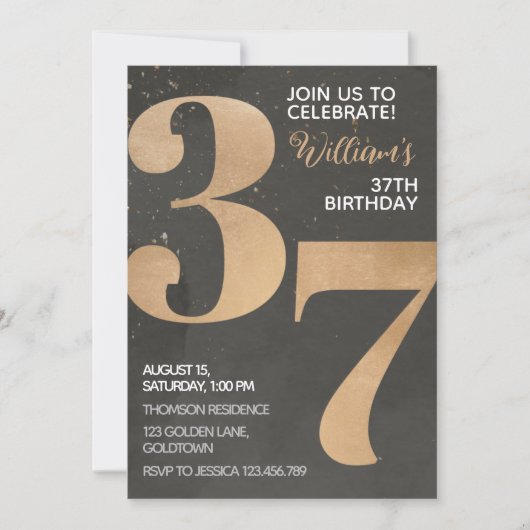 Gold Black 37th Birthday Invitation Kaart (Voorkant)