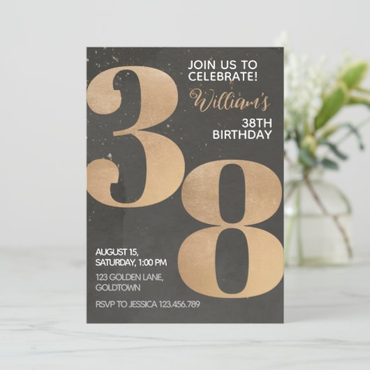 Gold Black 38th Birthday Invitation Kaart (Staand voorkant)