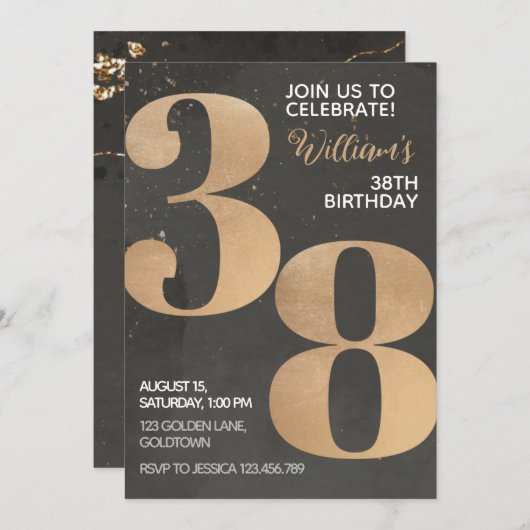 Gold Black 38th Birthday Invitation Kaart (Voorkant / Achterkant)