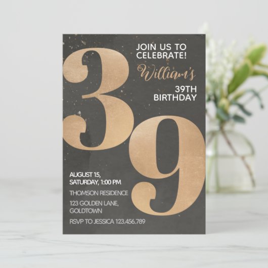 Gold Black 39th Birthday Invitation Kaart (Staand voorkant)