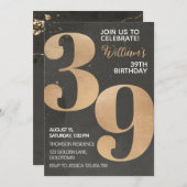 Gold Black 39th Birthday Invitation Kaart (Voorkant / Achterkant)