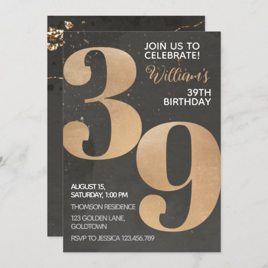 Gold Black 39th Birthday Invitation Kaart (Voorkant / Achterkant)