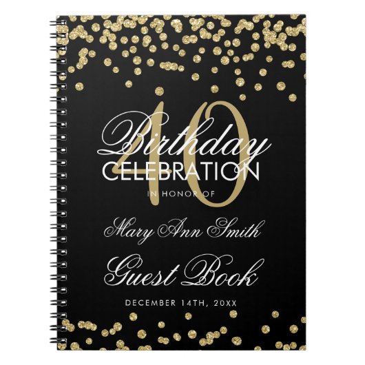 Gold Black 40th Birthday Guest Book Confetti Notitieboek (Voorkant)