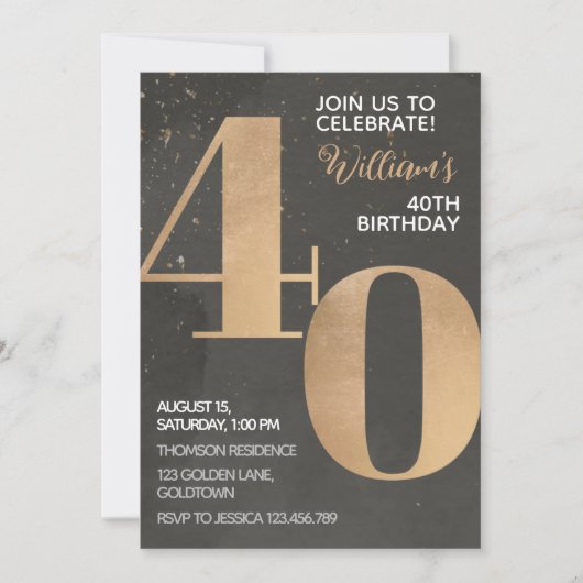 Gold Black 40th Birthday Invitation Kaart (Voorkant)