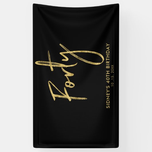 Gold & Black 40th Birthday Party Welkomstbanner Spandoek (Verticaal)