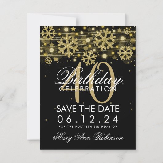 Gold Black 40th Birthday Save Date Winter Save The Date (Voorkant)