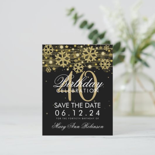 Gold Black 40th Birthday Save Date Winter Save The Date (Staand voorkant)
