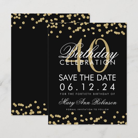 Gold Black 40th Birthday Save the Date Confetti (Voorkant / Achterkant)