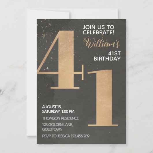 Gold Black 41st Birthday Invitation Kaart (Voorkant)
