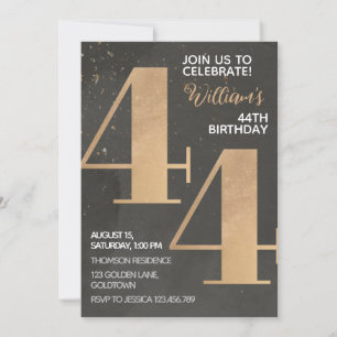 Gold Black 44th Birthday Invitation Kaart