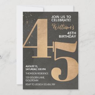 Gold Black 45th Birthday Invitation Kaart