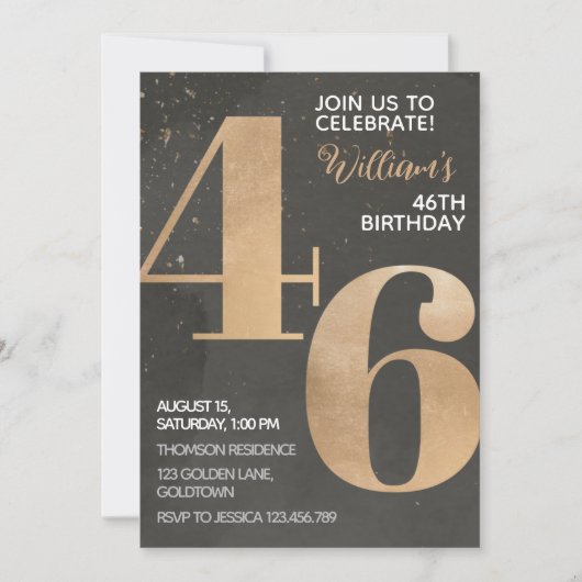 Gold Black 46th Birthday Invitation Kaart (Voorkant)
