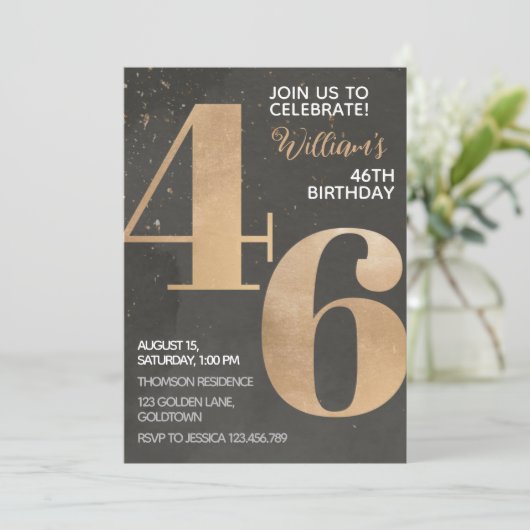 Gold Black 46th Birthday Invitation Kaart (Staand voorkant)