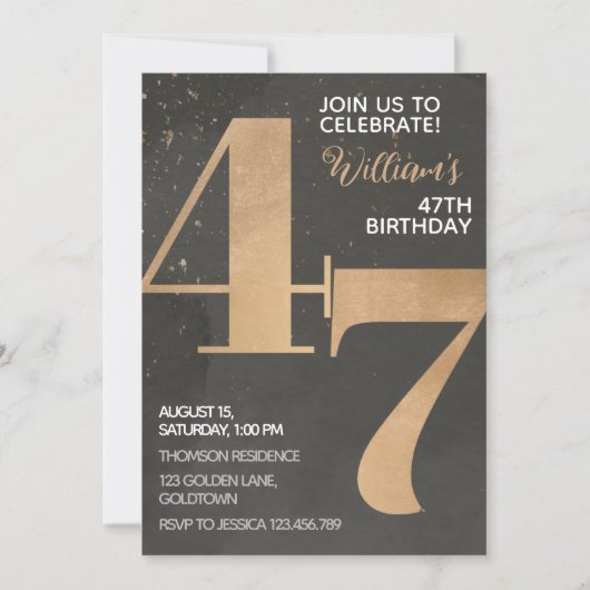 Gold Black 47th Birthday Invitation Kaart (Voorkant)