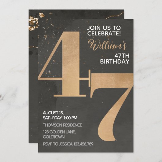 Gold Black 47th Birthday Invitation Kaart (Voorkant / Achterkant)