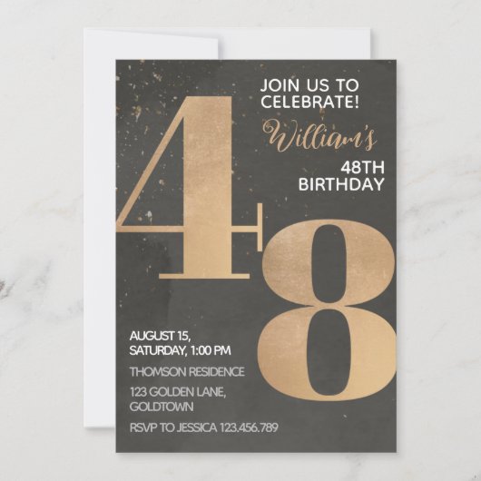 Gold Black 48th Birthday Invitation Kaart (Voorkant)