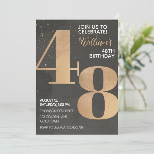 Gold Black 48th Birthday Invitation Kaart (Staand voorkant)