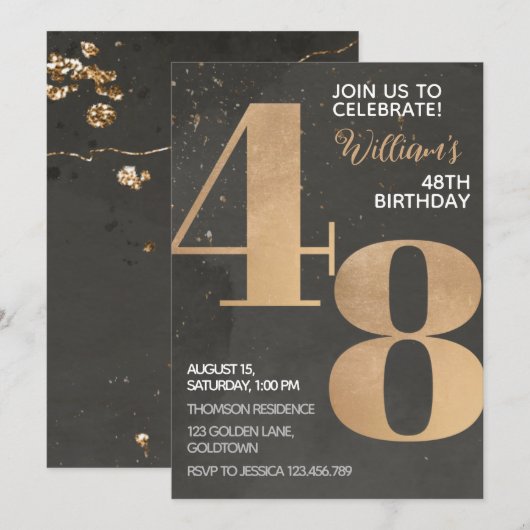 Gold Black 48th Birthday Invitation Kaart (Voorkant / Achterkant)