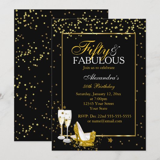 Gold Black 50 Fabulous Birthday champagne party Kaart (Voorkant / Achterkant)