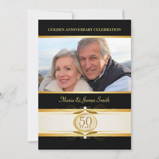 Gold Black 50e Jubileum Monogram Invitaties Kaart (Voorkant)