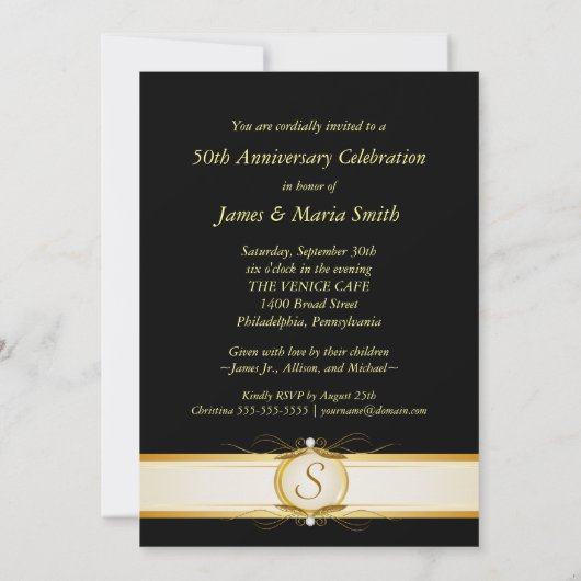 Gold Black 50e Jubileum Monogram Invitaties Kaart (Achterkant)