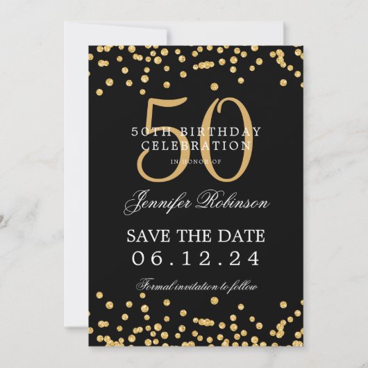 Gold Black 50e verjaardag Save the Date Confetti Kaart (Voorkant)