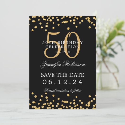 Gold Black 50e verjaardag Save the Date Confetti Kaart (Staand voorkant)